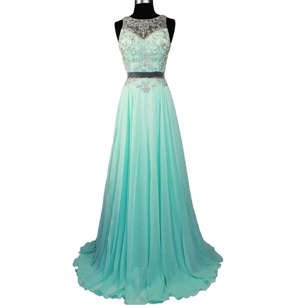 SHEER Embroidery Mock Two Piece Rhinestones Beaded Long Evening Gown prom dress